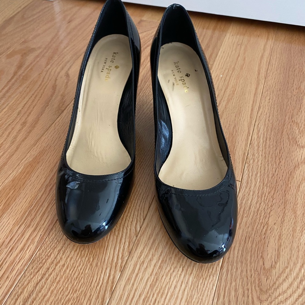 Kate Spade black patent leather wedges